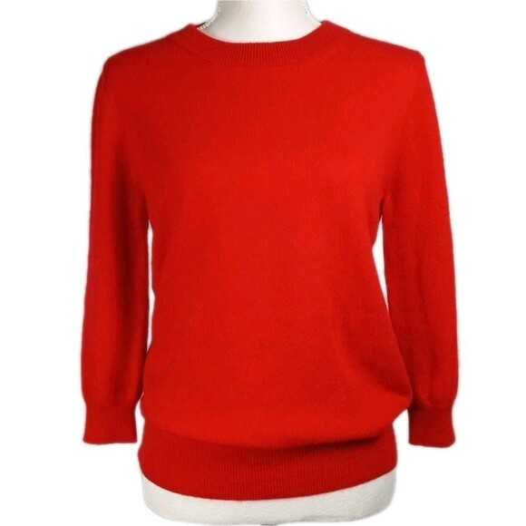 J Crew 100% Italian Cashmere Sweater Tomato Red Womens M Crew Neck 3/4 Sleeve - Picture 1 of 8